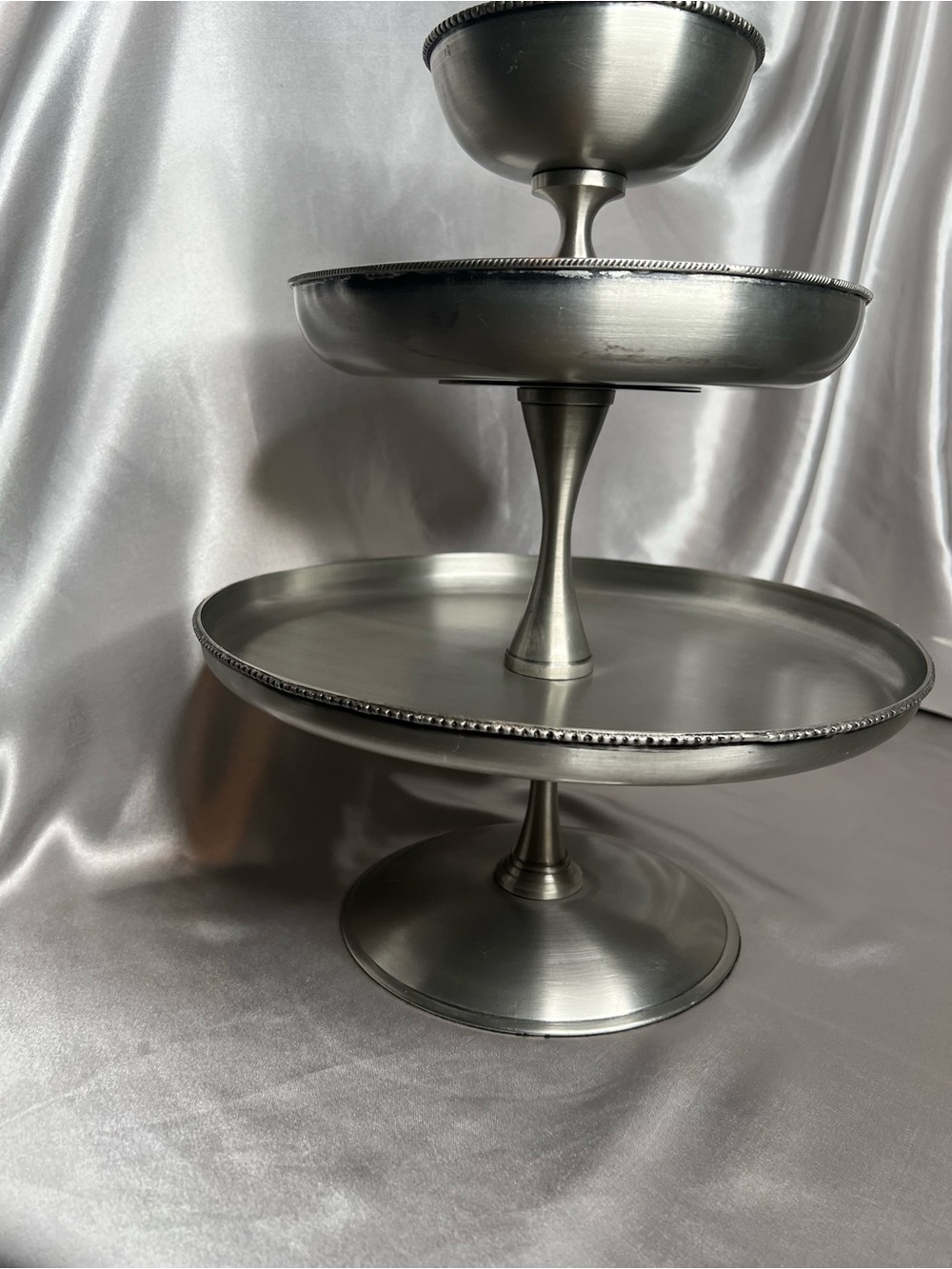 Pottery Barn Antique Silver 3-Tier Serving Stand Beaded Trim Dessert Buffet Tray